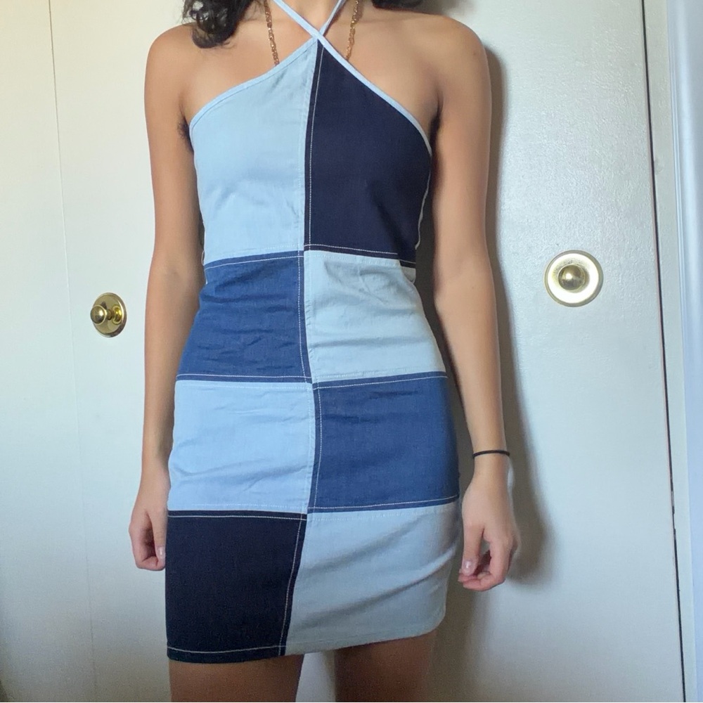 Blue Blush Patchwork Halter Mini Dress